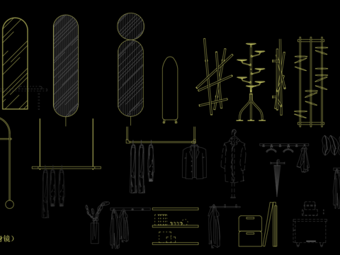  全身镜衣架衣服展示架极简立面CAD图库 