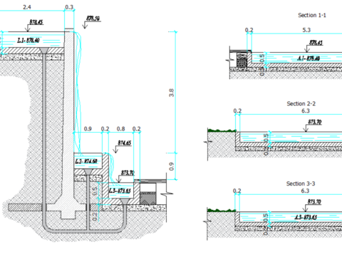  人工瀑布规划图cad剖面图 