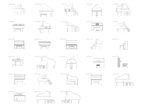  现代音乐器材 钢琴立面图 侧面图库 图块 图集CAD图库 