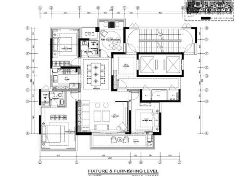  新中式三居室样板房装修施工图 