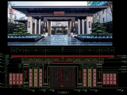  新中式入口门廊cad施工图 