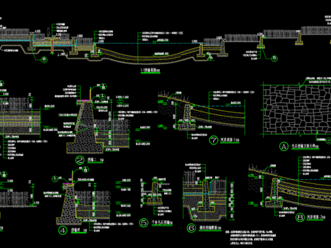  景墙挡墙 池底做法 梯田挡墙 河岸节点CAD施工图 
