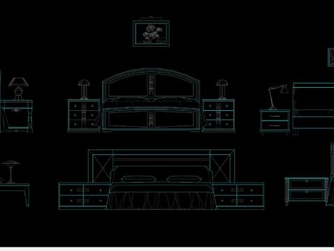  多种款式床床头柜组合立面剖面图库合集 