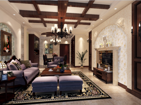  碧水云天美式客餐厅卧室CAD施工图 