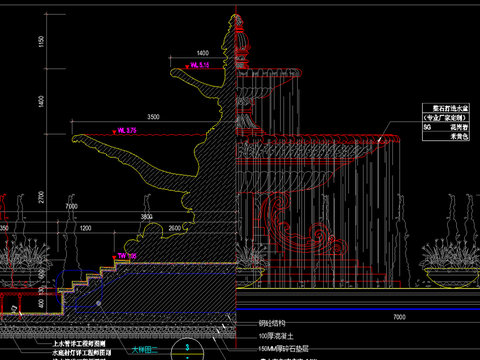  双层花钵流水水景CAD节点大样 