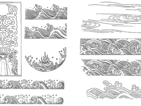  祥云海浪龙纹中式素材cad图库 