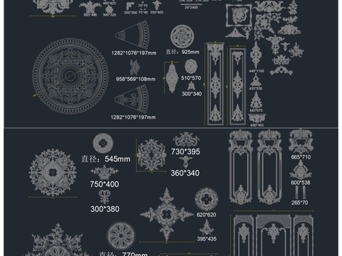  欧法别墅墙顶面拼花线条模块CAD图库 