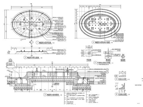  椭圆形水景详图cad大样图 