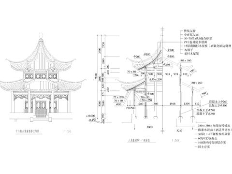  十六柱八角重檐亭节点大样 