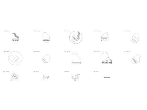  现代音乐器材 乐器 钢琴 架子鼓 琵琶平面图CAD图库 