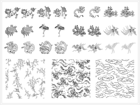  山海经古神兽祥云花纹cad图库 