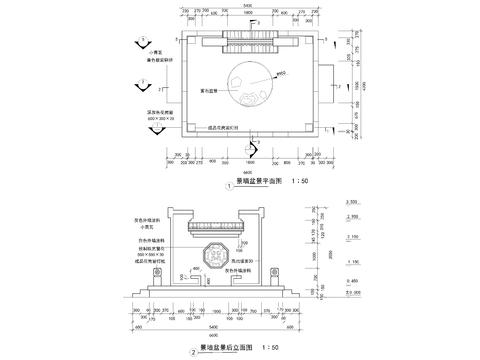  景墙盆景立面剖面cad大样图 