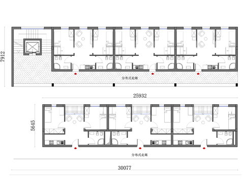  384m²两层走廊公寓cad平面图 