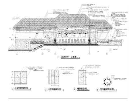  泳池吧亭详图 立面图剖面图 节点大样图 