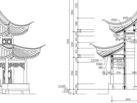  十六柱八角重檐亭cad施工圖 