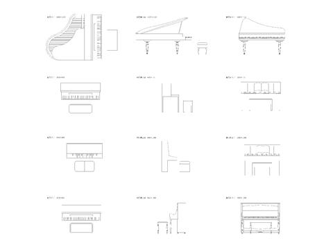  现代音乐器材 钢琴平面图 立面图 侧面图库 图块 图集CAD图库 