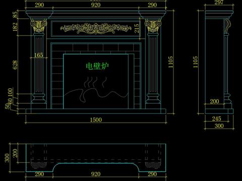  整木固装欧式壁炉设计cad大样图 