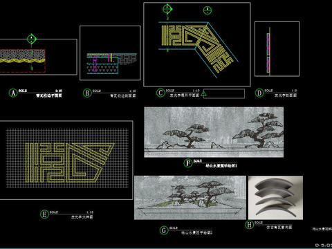  日式文化景墙cad大样图 