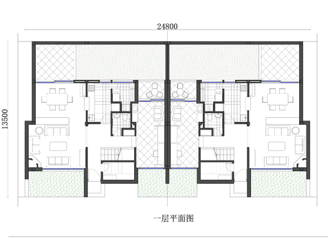  334m2一層雙戶半獨(dú)立式洋房cad平面圖 