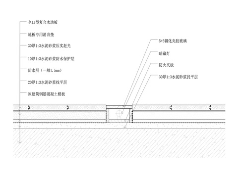  木地板与玻璃和地灯剖面节点大样 