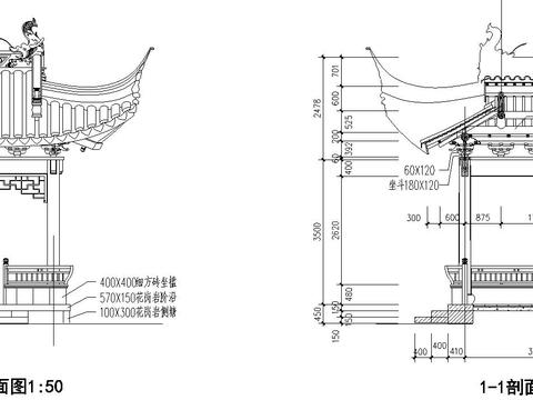  歇山方亭cad施工圖 