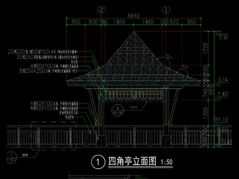  新中式懸空四角木亭CAD施工圖 