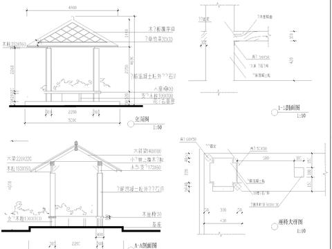  中式亭子碑亭水榭花架廊道cad大样图 
