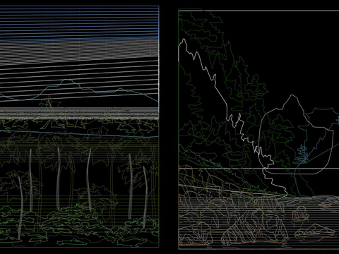  彩色山水画CAD图库 