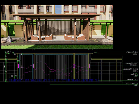 新中式山水格栅廊架及水景节点大样 