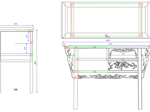  中式螭纹端景桌cad详图 