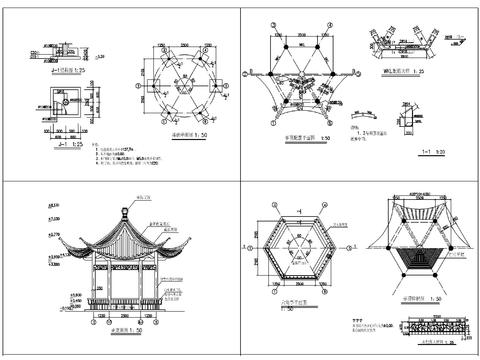  六角亭cad施工圖 