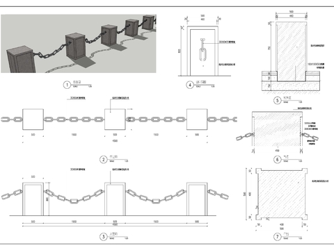  滨水铁链矮护栏cad大样图 