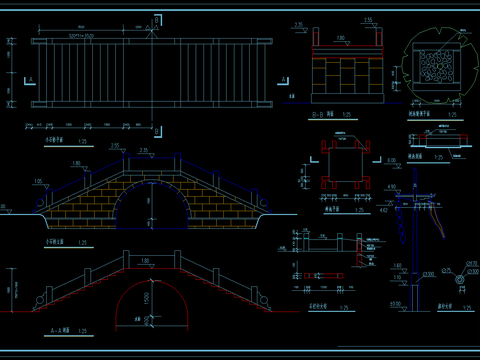  古代拱桥旗杆设计cad施工图 
