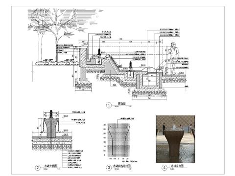  展示区入口跌水景墙花砵详图cad大样图 