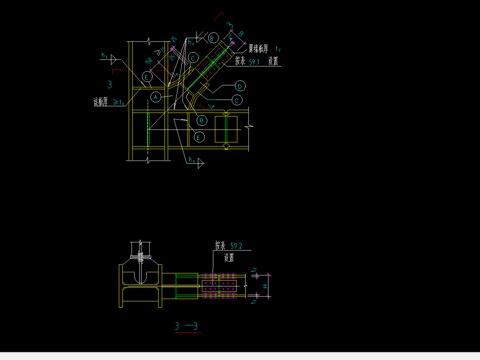  斜杆为H型钢与工字形悬臂杆的转换连接CAD节点构造详图 