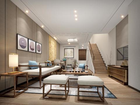  新中式LOFT公寓CAD施工图 效果图 