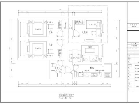  三室一厅家装cad施工图 