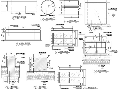  景观矮墙 柱头 景观灯cad大样图 