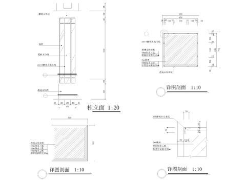  木饰面镜子方柱立面侧面剖面节点大样图 