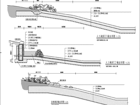 人工湖泊河岸cad大样图 