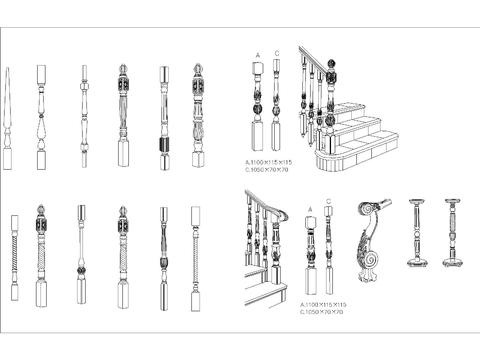  木制栏杆扶手cad节点大样 