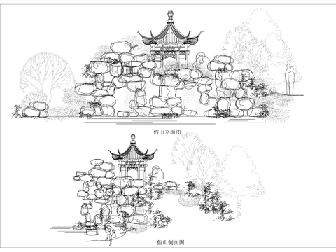  假山置石、园林假山CAD施工图 