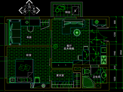  原木色两室一厅装修CAD施工图 
