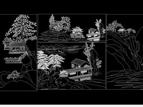  中国山水画风景画cad图库 