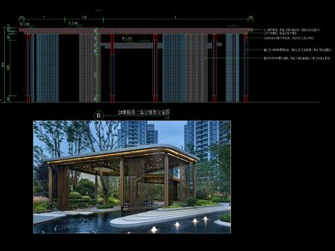  现代异形咖色格栅廊架节点大样 