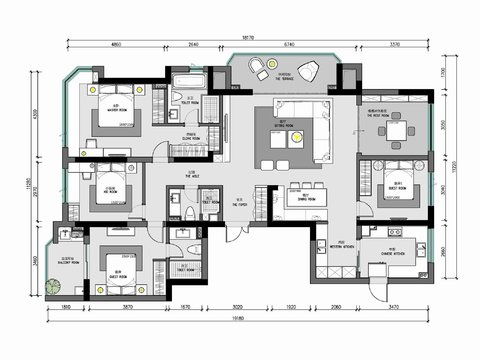  180㎡四居室家裝大平層室內(nèi)cad施工圖 