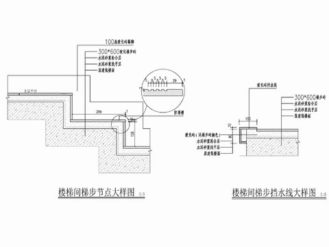  樓梯間梯步貼磚施工詳圖 梯步磚 地磚拉槽 梯步大樣 梯步擋水cad大樣圖 