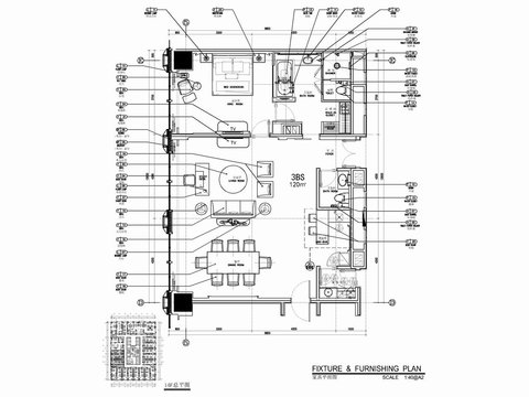  120㎡酒店套房客房cad施工圖 