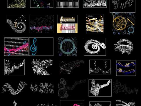  乐器音符五线谱cad图库 