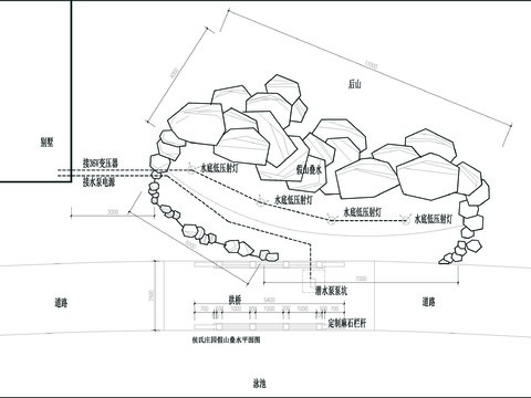  假山叠水平立剖面图节点大样 